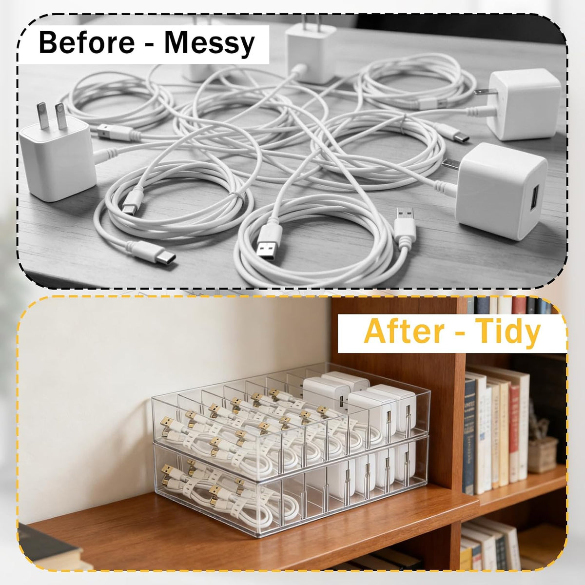2Pcs Cable Charger Organizer Box with 16Pcs Wire Ties Large Plastic Cords Storage Organizer with Adjustable Compartments Electronics Organizer Stackable Cord Storage Box for Drawer Home Office, Clear