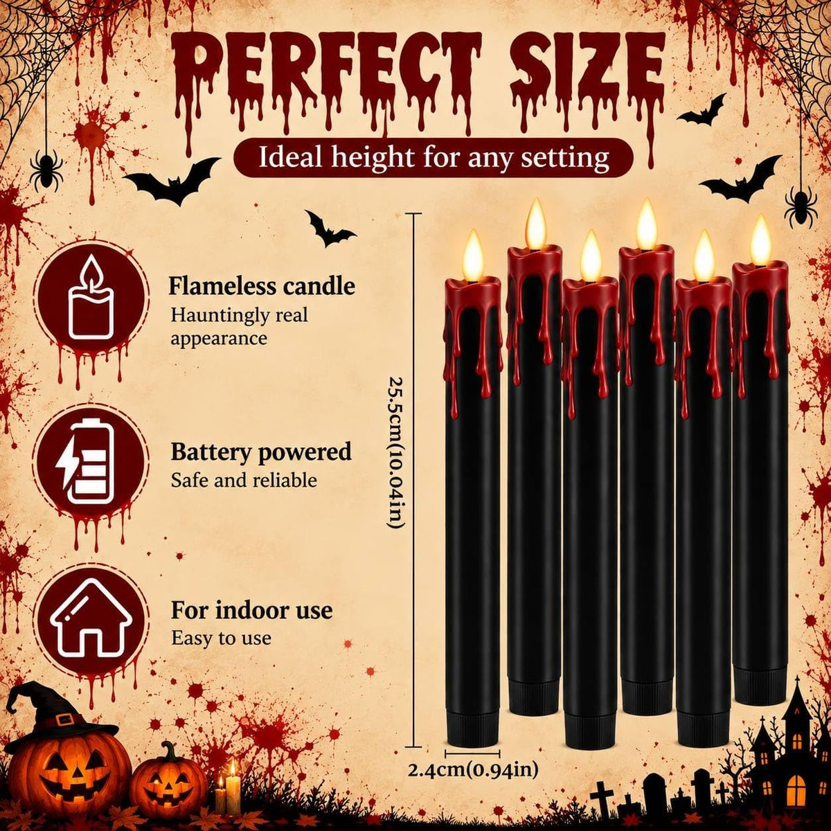 Dusk&Decorum 6 Pack Halloween Tapered Candles with Remote, Black Halloween Flameless Candles with Red Dripping Wax, Battery Operated LED Halloween Candles for Table, Mantel & Indoor Decor