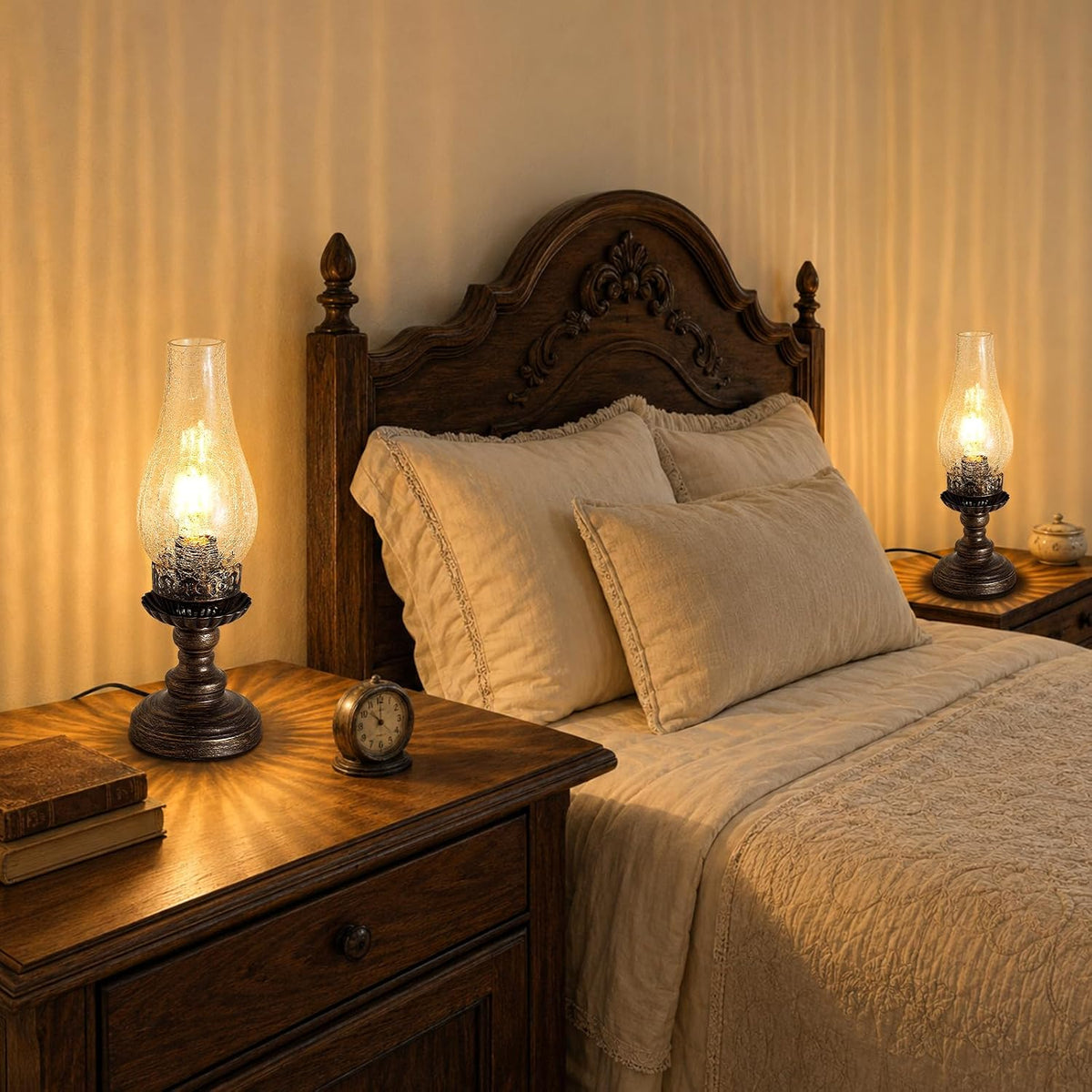 Set of 2 Vintage Table Lamps, Oil Lamp Style, E26 3-Level Dimming
