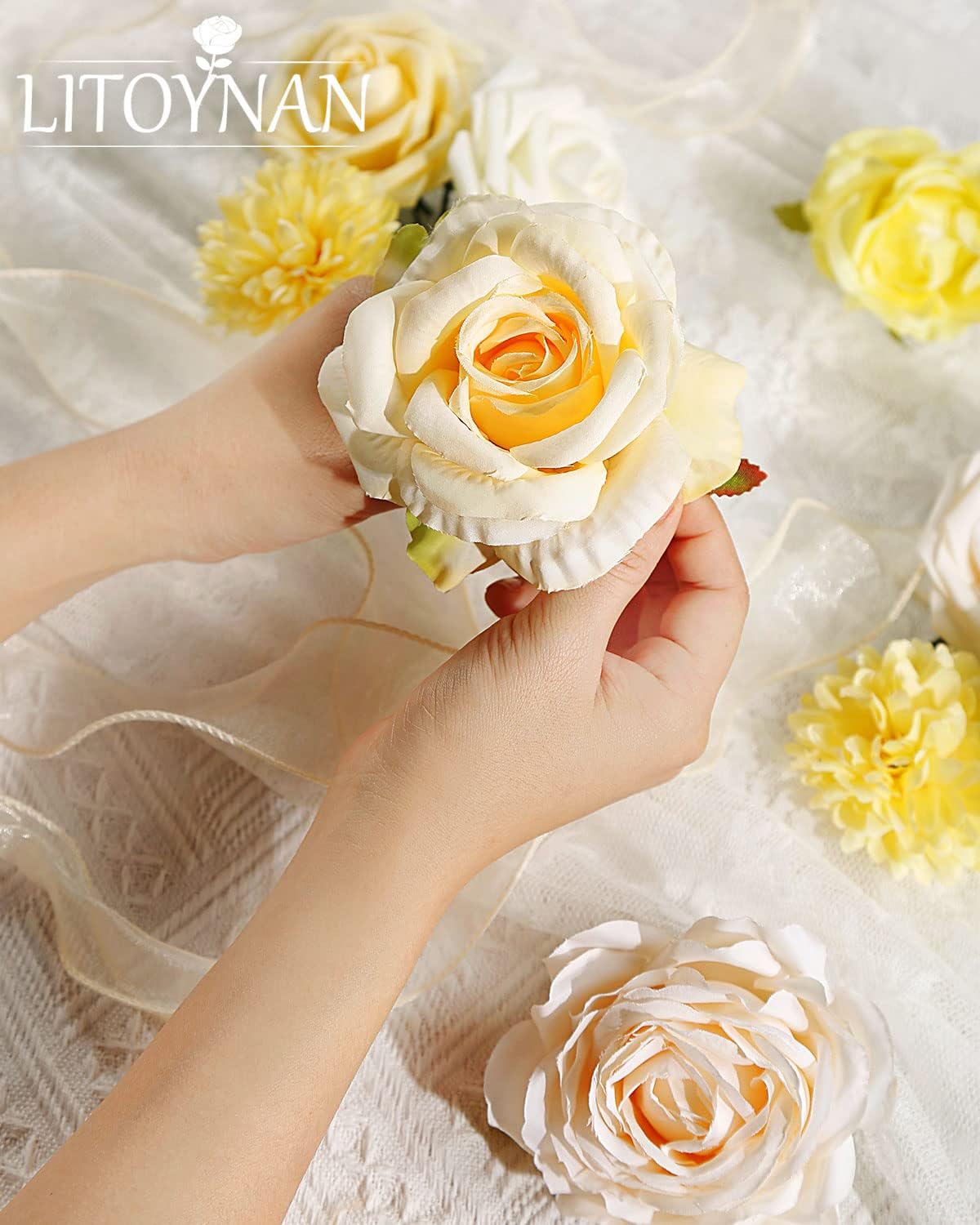 Artificial Flower Combo Pale Yellow,Light Peach & White Faux Flower Box for DIY Bouquets Centerpieces Floral Arrangements