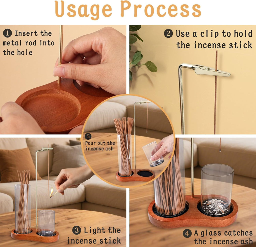 2-in-1 Wooden Incense Holder with Stable Anti-Tip Dual Glass Cups