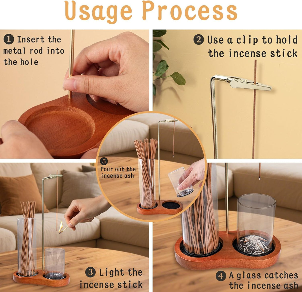 2-in-1 Wooden Incense Holder with Stable Anti-Tip Dual Glass Cups