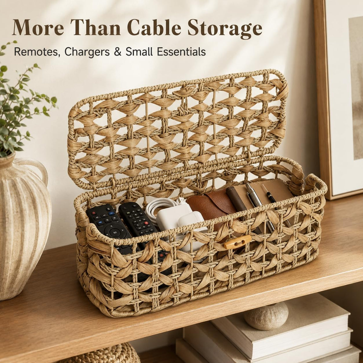 Handwoven Cable Management Box with Lid, Decorative Cord Organizer Basket for Power Strip, Charger, Router and USB Hub, Rectangular Cable Hider for Home Office Desk Shelf