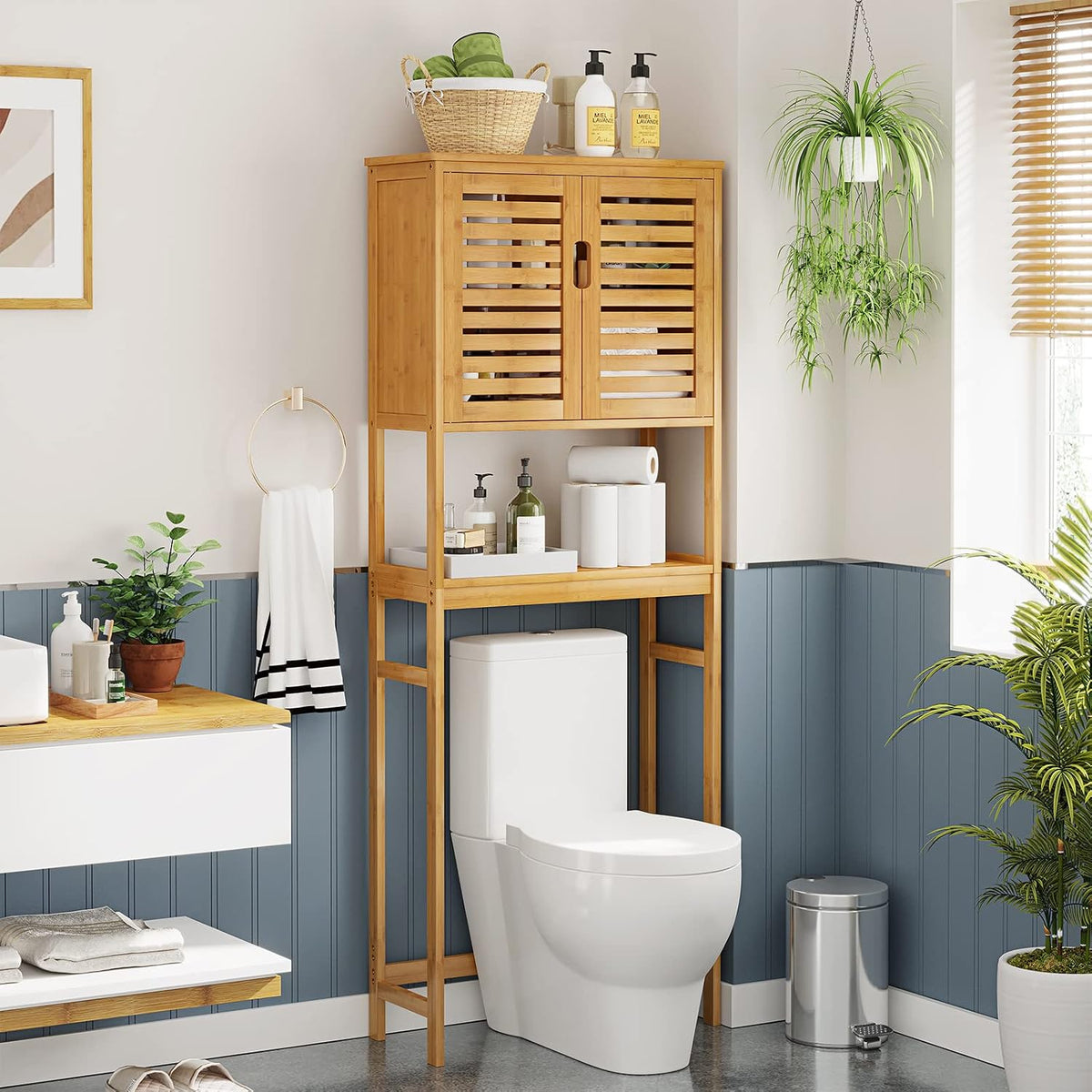 VIAGDO Over The Toilet Storage Cabinet, Tall Bathroom Cabinet Organizer with Cupboard and Adjustable Shelves, Freestanding Toilet Shelf Space Saver Rack Stand for Laundry Room, Balcony, Bamboo