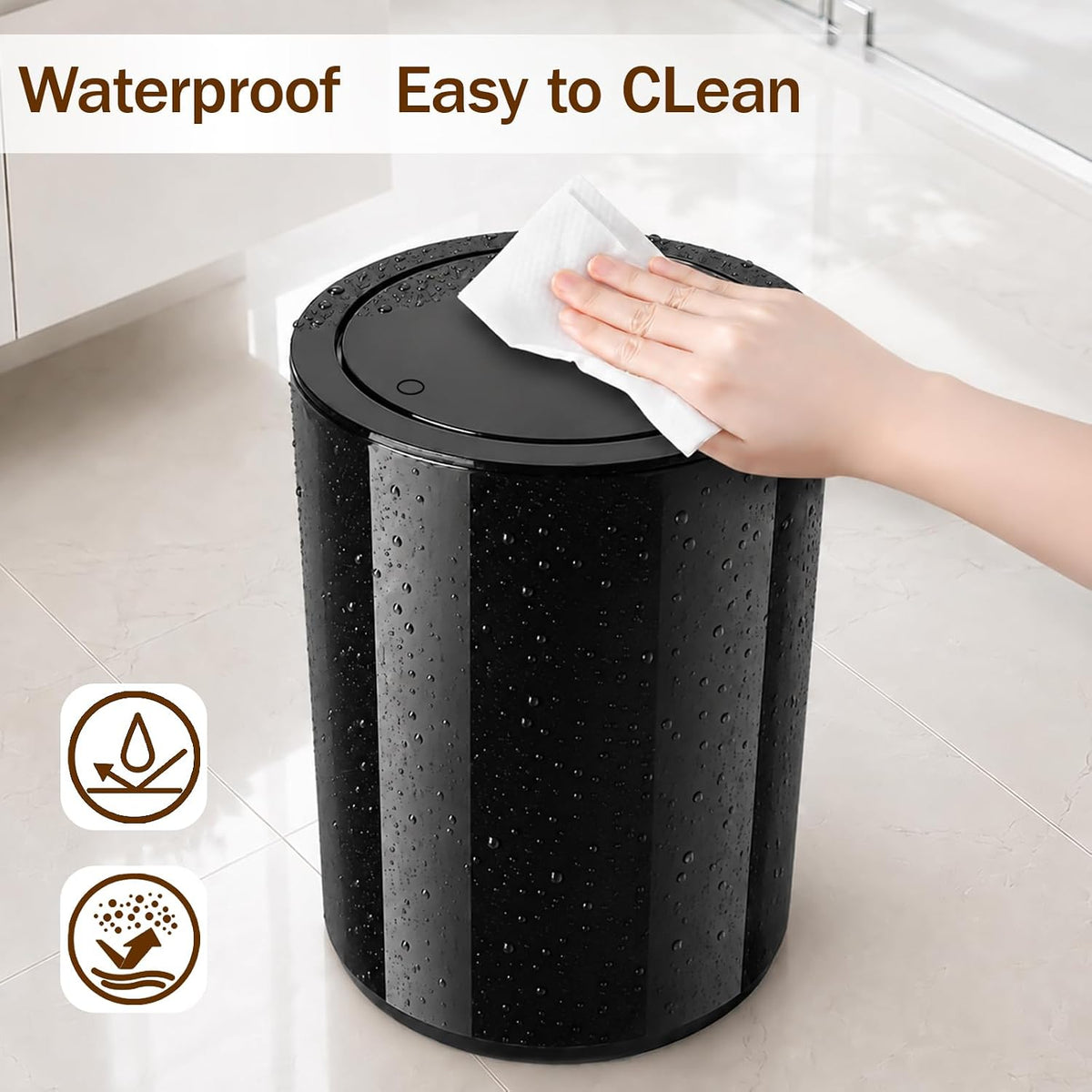 Small Bathroom Trash Can with Lid, 2.1 Gallon Plastic Garbage Can Black