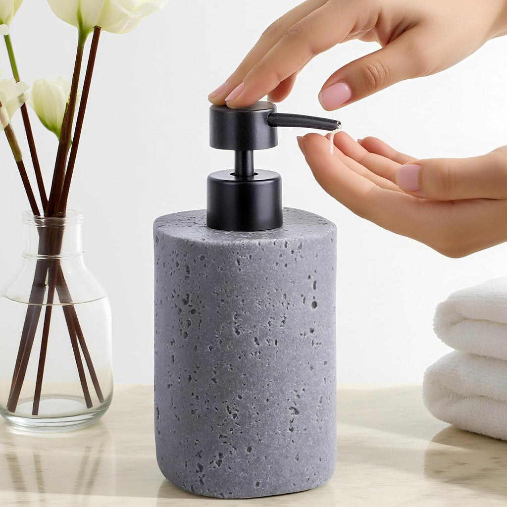 Clasin Home 2 Pack Gray Resin Soap Dispensers, Refillable Liquid Lotion Dispenser Bottles with Travertine-Look for Bathroom and Kitchen Countertop, Modern Stone Texture (10.8 oz), Spare Pump Included