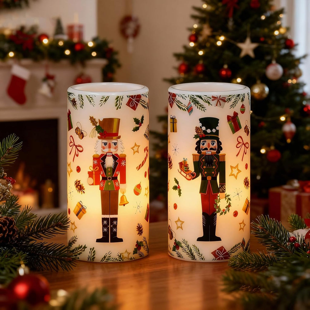 Christmas Nutcracker Flameless Pillar Candles with Remote Timer