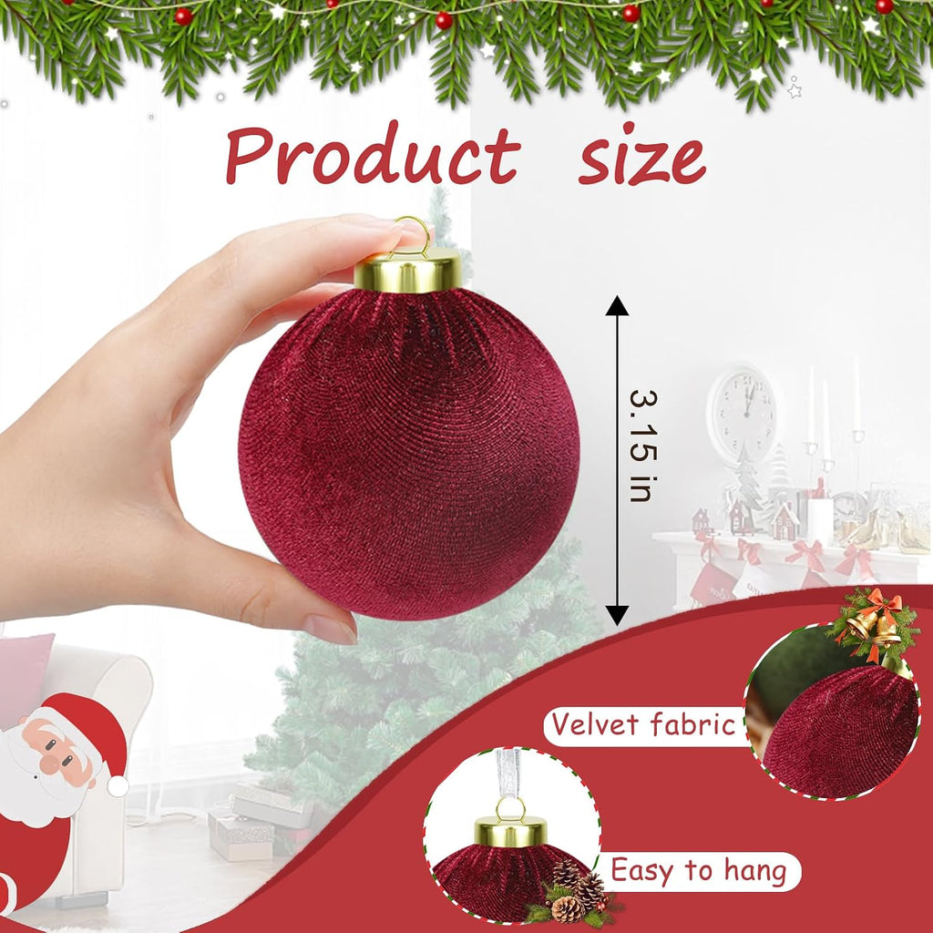 15 Pcs 3.15" Velvet Christmas Ornaments Balls, Xmas Tree Decor-Red