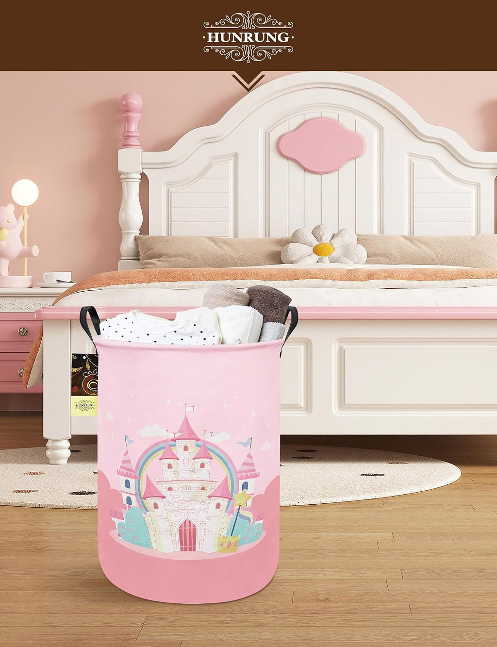 Round Fabric Collapsible Storage Basket with Handles, Pink Castle
