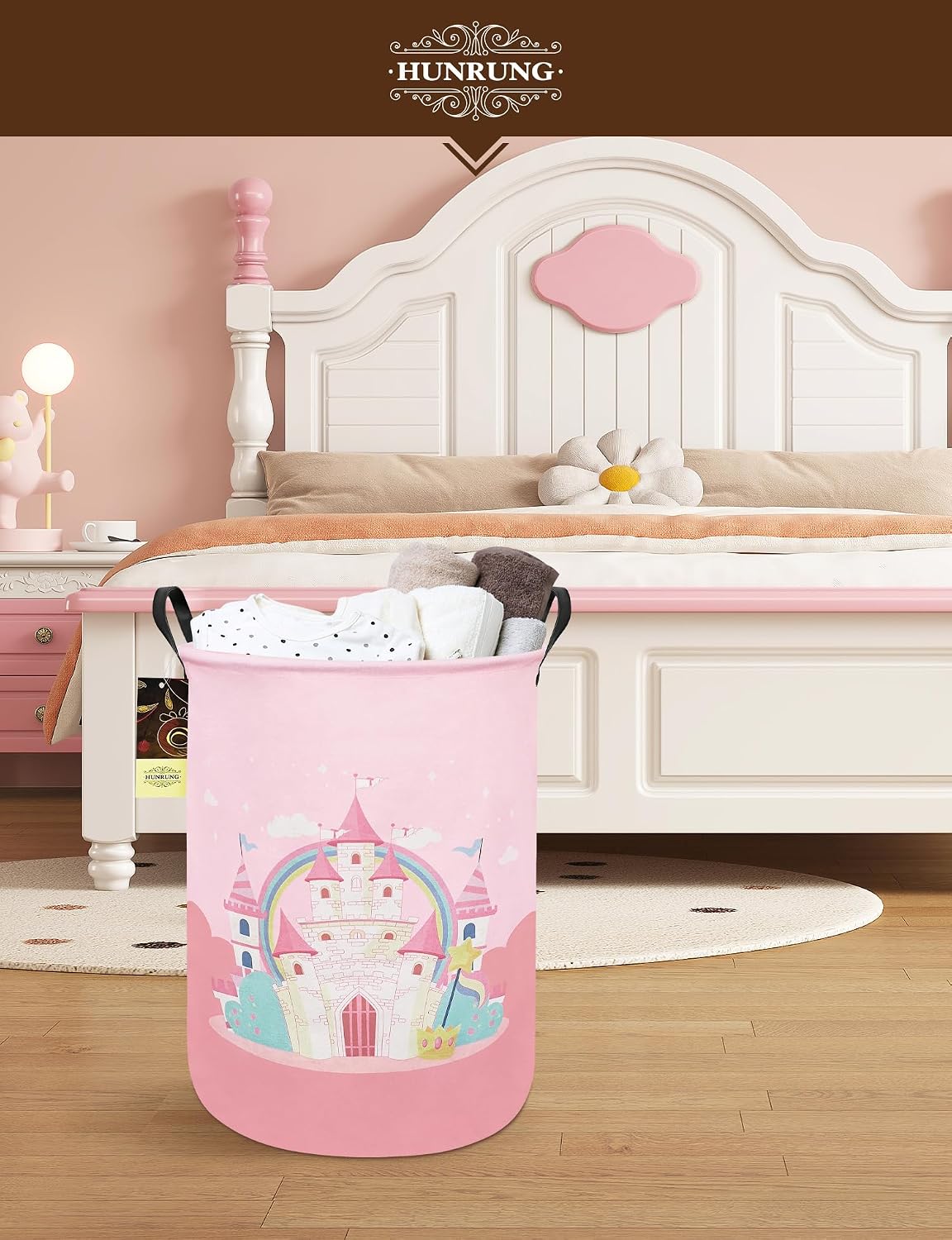 Round Fabric Collapsible Storage Basket with Handles, Pink Castle