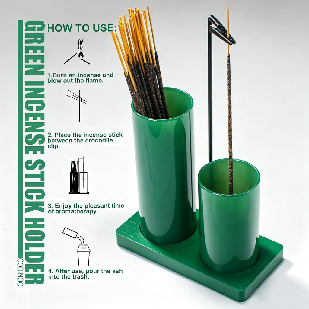 2 in 1 Incense Holder for Sticks Incense Burner Holder with Storage,Glass Upside Down Incense Holder for Sticks with Glass Ash Catcher for Meditation Yoga Spa Room Home Decor[Full Green]