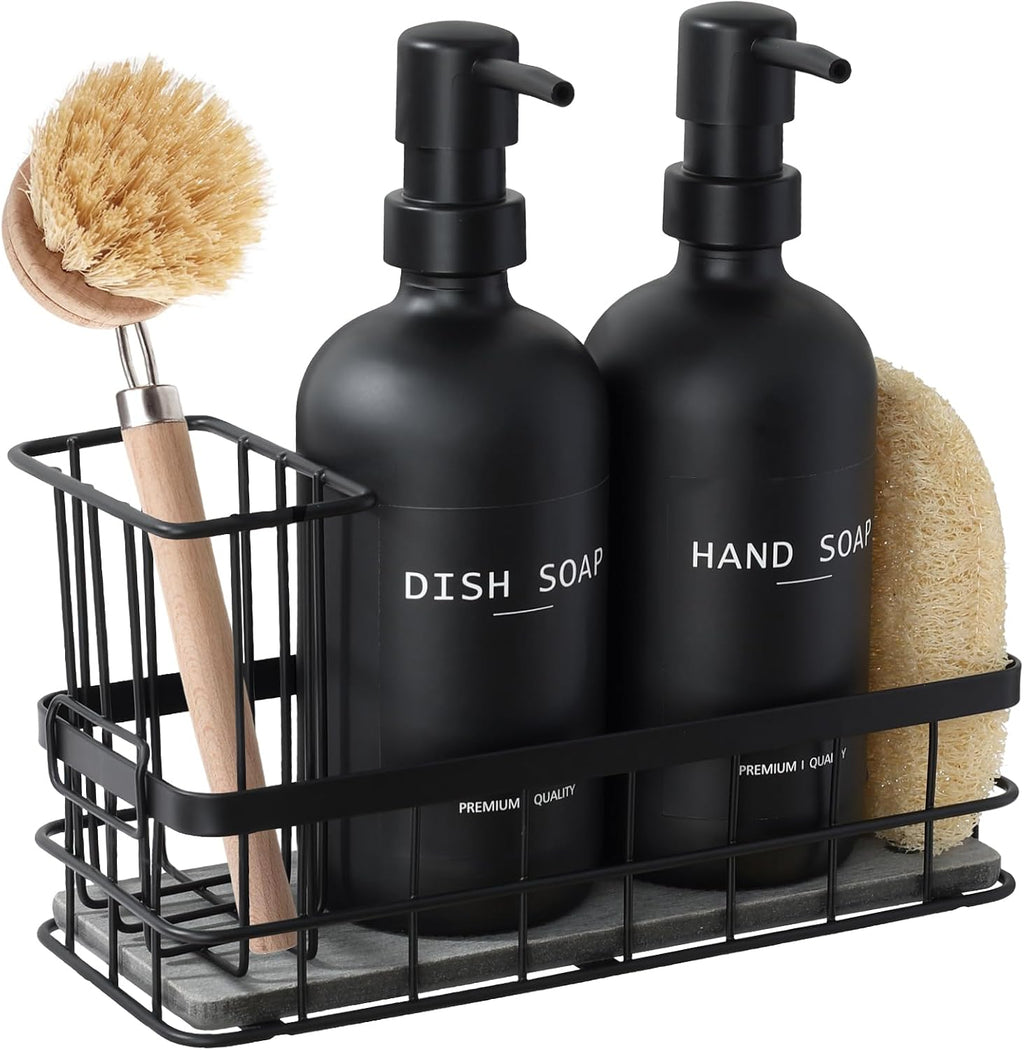 Dish Soap Dispenser for Kitchen, 16.9 fl oz Black Hand and Dish Soap Dispenser Set, Kitchen Soap Dispenser with Sponge Holder, Brush Holder and Loofah Sponge, Countertop Sink Organizer Accessories