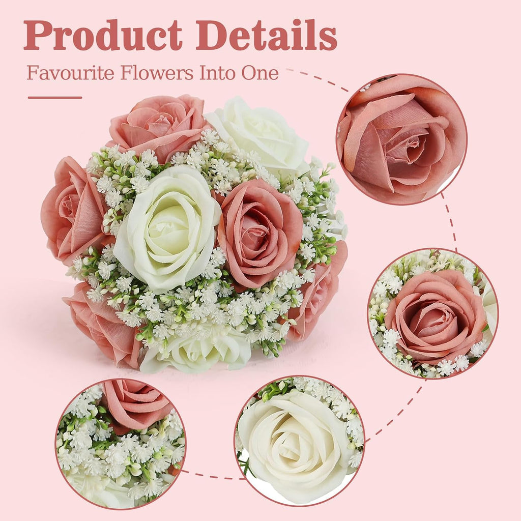Artificial Bridesmaid Bouquets Set of 4 for Wedding-7 inch Pink Flowers Bouquets for Bridesmaids, Faux Rose Gypsophila Rustic Small Floral Bouquet Fake Boho Wedding Party Ceremony Anniversary Decor