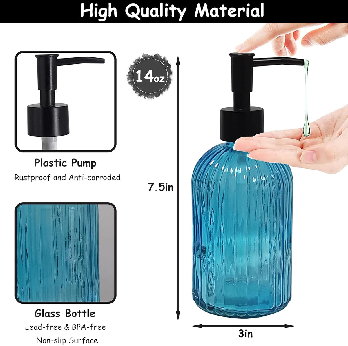 YYTSGG Blue Glass Soap Dispenser Set with Black Pump, 13.5oz