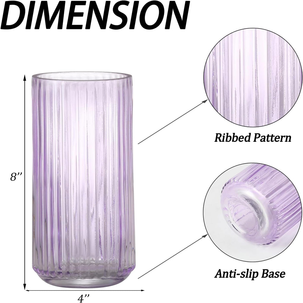 Ribbed Glass Vase,Flower Vase for Bouquet, Purple Glass Vases for Flowers, Modern Vases for Living Room, Bathroom, Dining Table, Office, Wedding, Centerpieces, 8 Inches