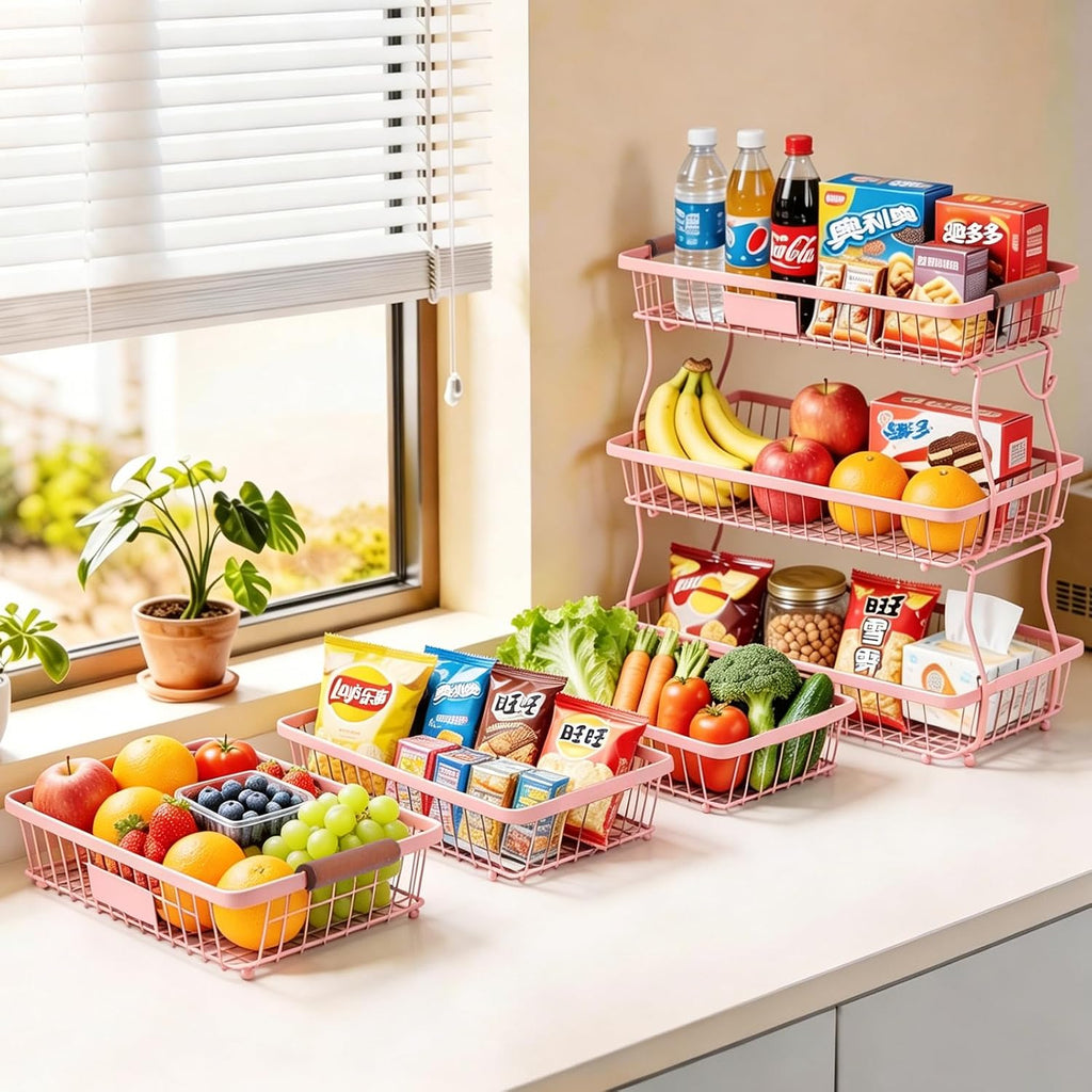 3-Tier Stackable Wire Basket with 2 Banana Hooks, Pantry Organizer for Kitchen Countertops, Cabinets & Under-Sink Spaces; Ideal for Storing Snacks, Fruits, Veggies, Onions, Potatoes, & More,Pink