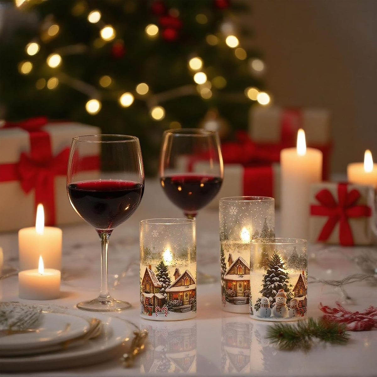 Eldnacele Snowman House Glass Christmas Flameless Candles with Remote Timer