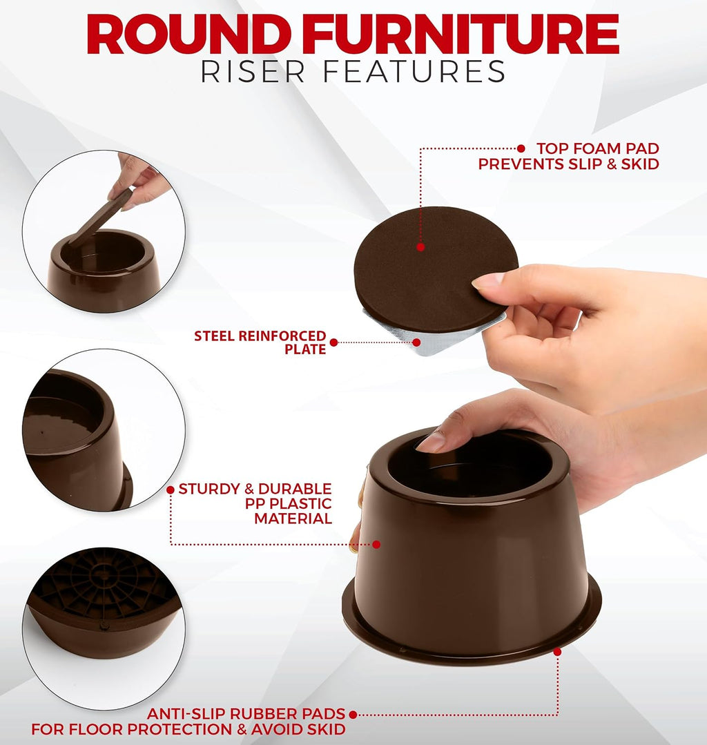 Utopia Bedding 2 Inch Bed Risers 8 Pack, Round Heavy Duty, Brown