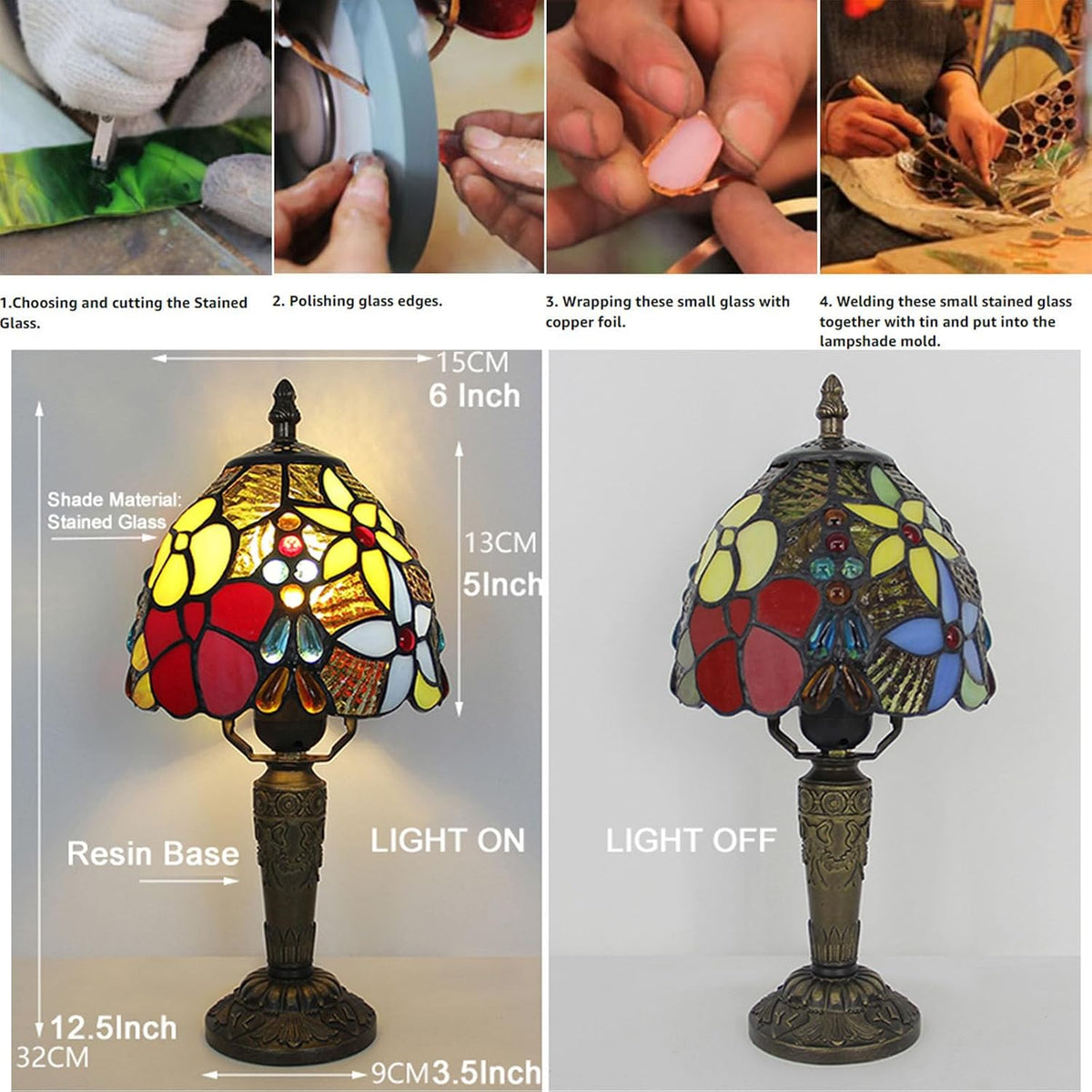 Tiffany Style Small Table Lamp,Rose Flower Stained Glass 3 Color Temperature Antique Table Lamps,Bedside Nightstand Lamp for Bedroom,Living Room,Home Office+LED Bulb,6X6X12.5Inch
