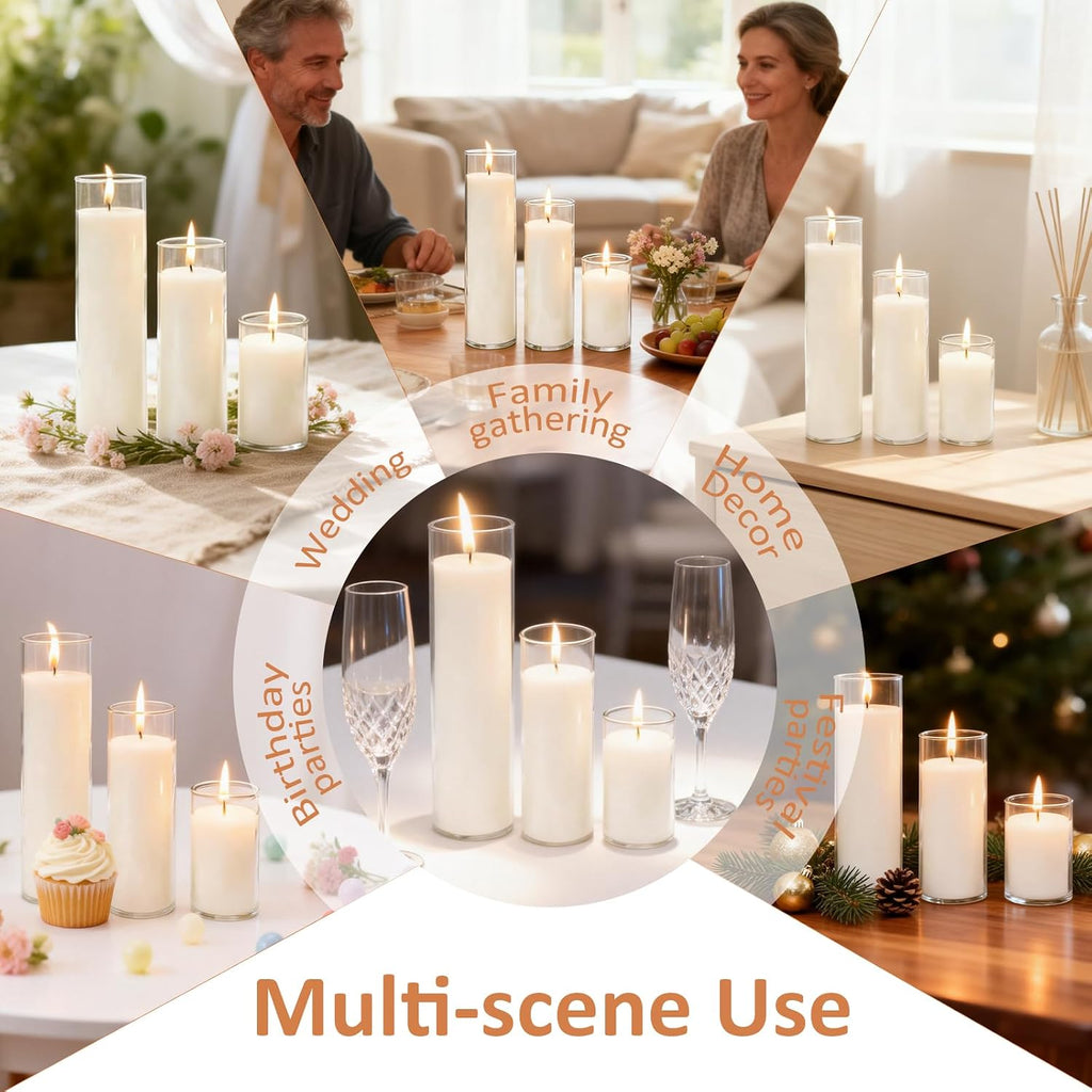 12 Pack Unscented White Pillar Candles in Clear Hurricane Glass, 3 Sizes 3/6/8 Inch (4 Each), Cylinder Candles for Wedding Centerpiece, Dinner Party Indoor & Outdoor Home Decor
