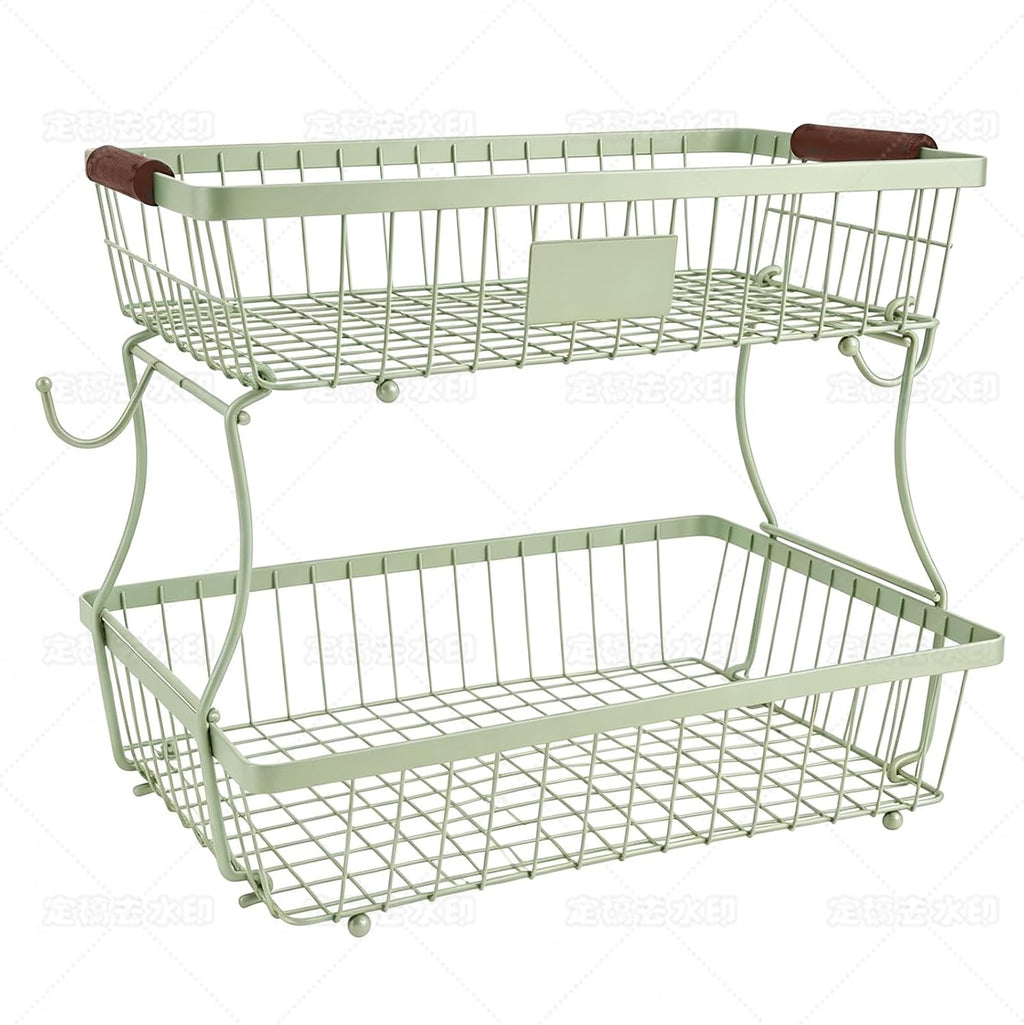 2-Tier Stackable Wire Basket with 2 Banana Hooks, Pantry Organizer for Kitchen Countertops, Cabinets & Under-Sink Spaces; Ideal for Storing Snacks, Fruits, Veggies, Onions, Potatoes, & More,Green