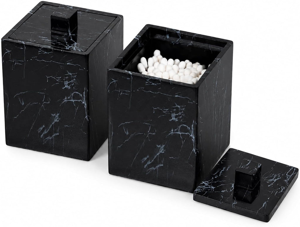 2-Pack Marble Pattern Cotton Swab Holders with Lids, Resin Bathroom Vanity Storage Jars, Square Qtip Containers for Cotton Balls, Pads, and More (Black)