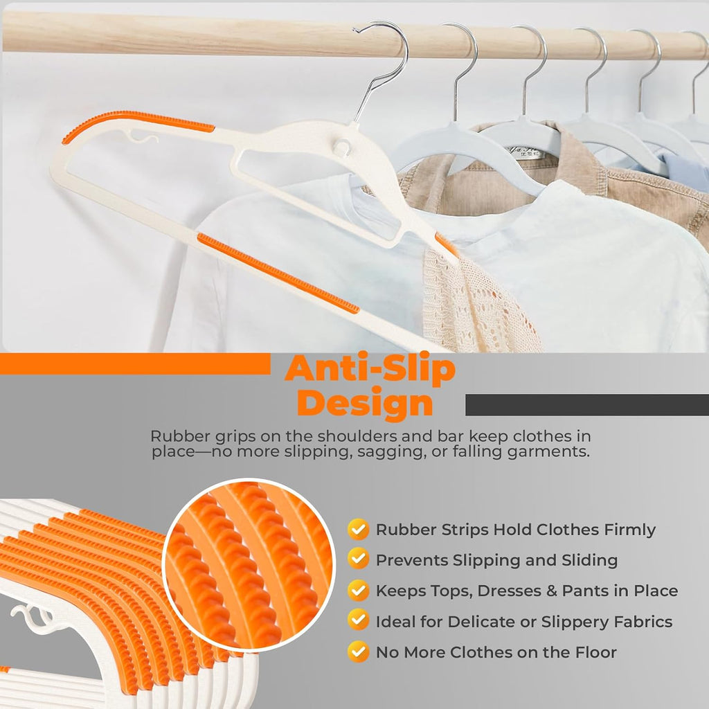 Lightweight White Plastic Hangers 20 Pack with Cascading Hook, Space Saving Thin, Closet Organizer, Orange Anti-Slip Pads, 360° Swivel, Tie Holder