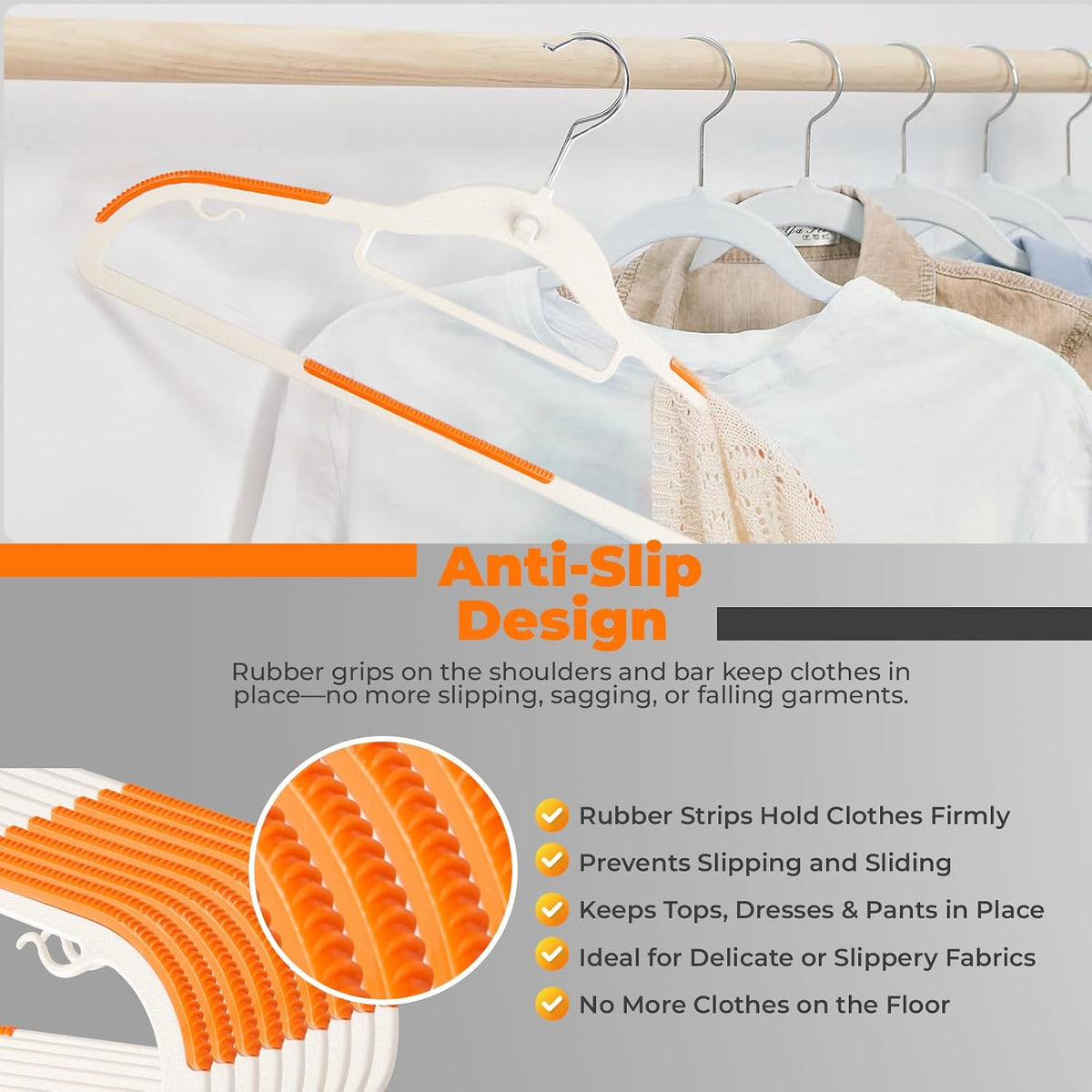 Lightweight White Plastic Hangers 20 Pack with Cascading Hook, Space Saving Thin, Closet Organizer, Orange Anti-Slip Pads, 360° Swivel, Tie Holder