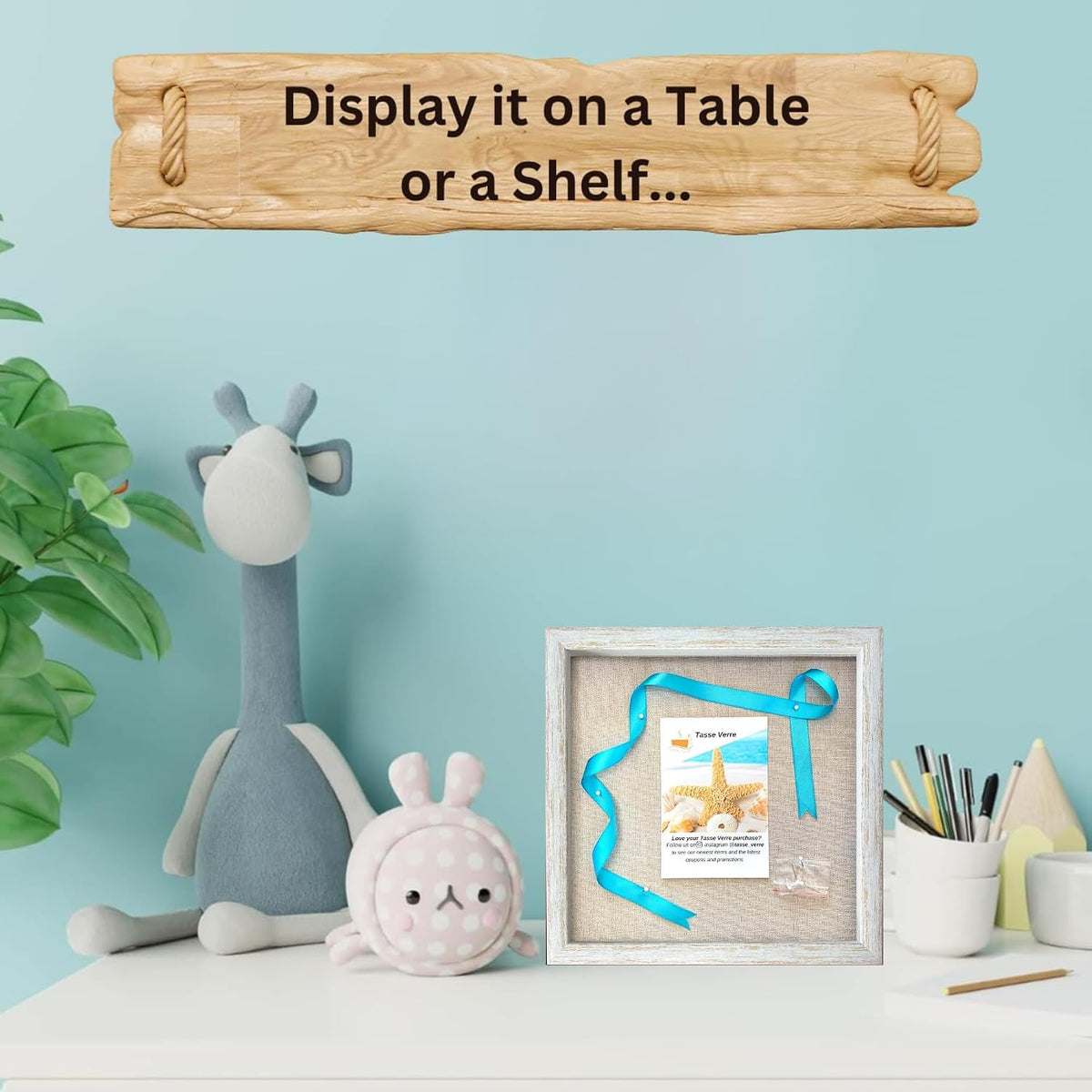 Tasse Verre 10x10 Rustic Display Shadow Box (1-Pack) Frame w/Linen Background and 8 Stick Pins - Ready to Hang Shadowbox Picture Frame - Box Display Baby Memorabilia Wedding