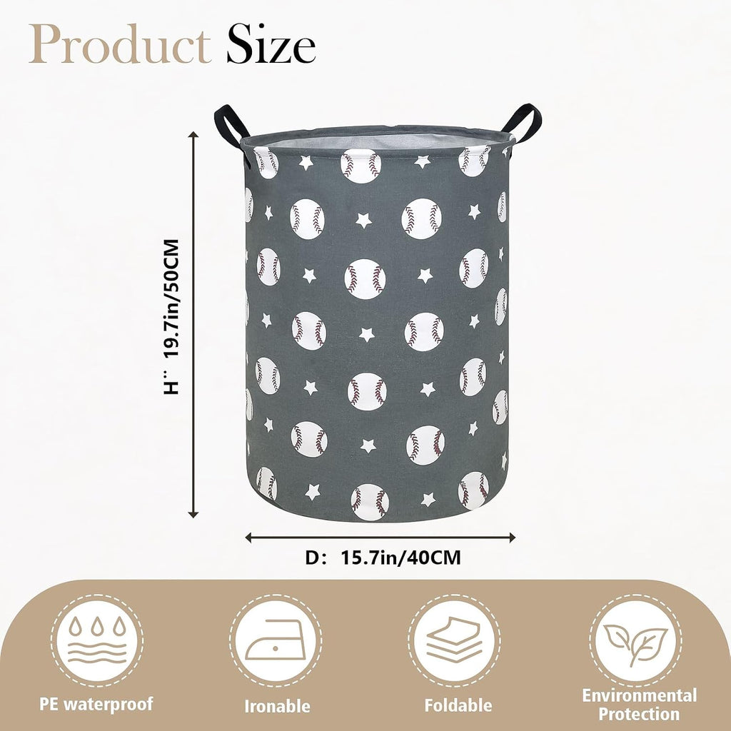 Round Fabric Collapsible Storage Basket with Handles, Grey Baseball