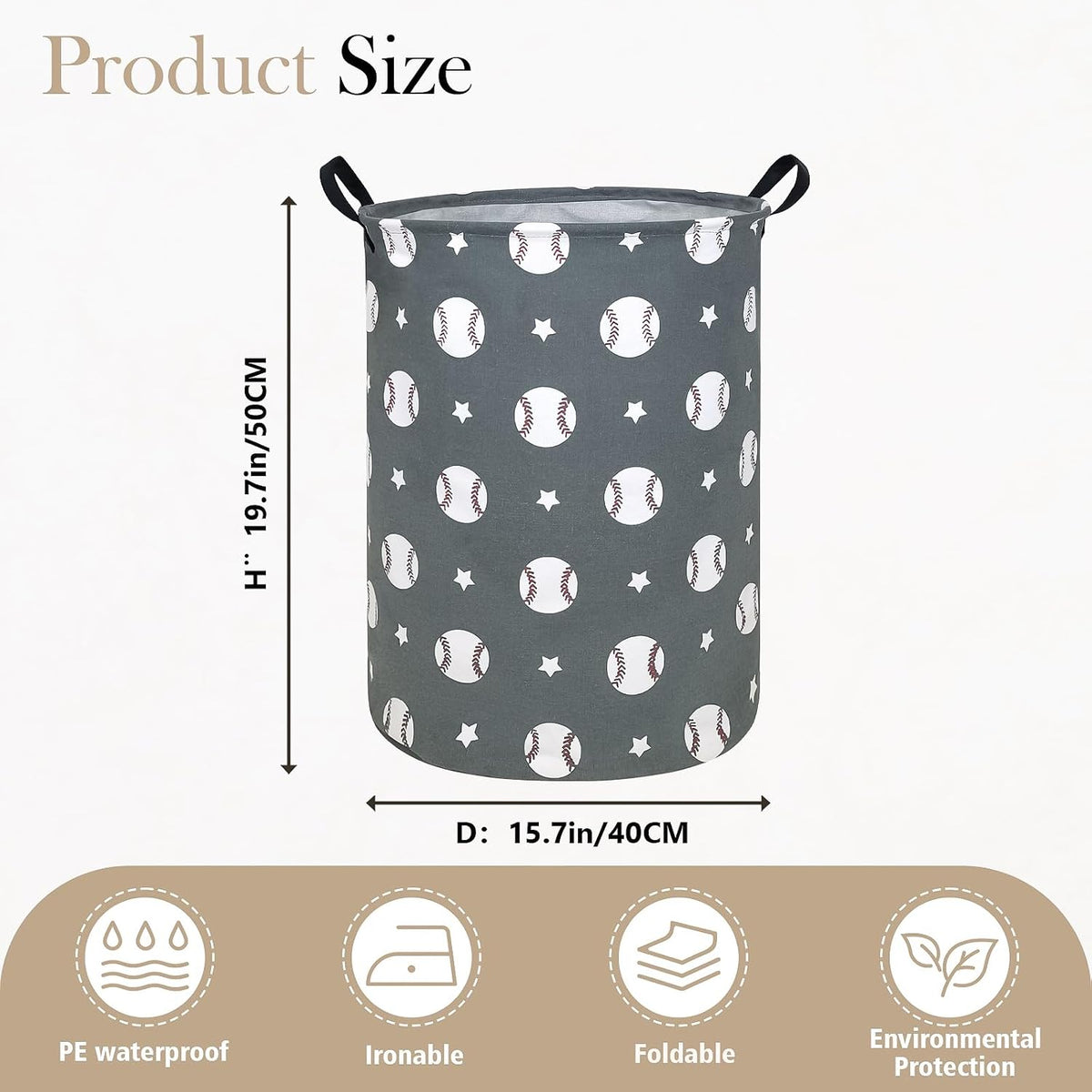 Round Fabric Collapsible Storage Basket with Handles, Grey Baseball
