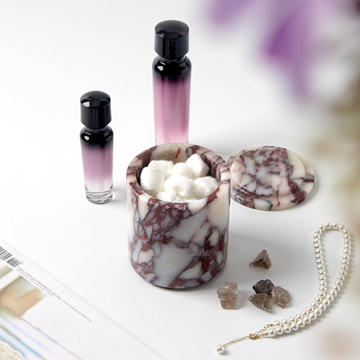 Luxury Natural Calacatta Viola Marble Qtip Holder with Lid – 3.9 Inch Round, Large Capacity Apothecary Jar for Cotton Swabs, Balls, Pads, Floss Picks, Bathroom Vanity Decor & Organizer