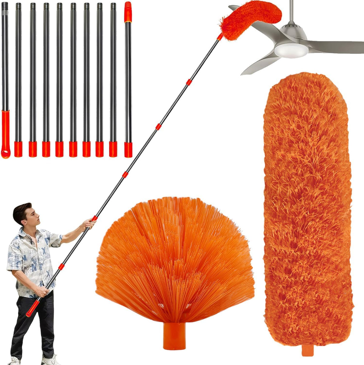 20 Feet High Reach Duster Kit with 2-14 ft Extension Pole, Cobweb & Corner Brush Cleaning Duster Kit for Cleaning, Microfiber Feather Duster Cleaner with Washable Head for Ceiling Fan, Furniture, Home