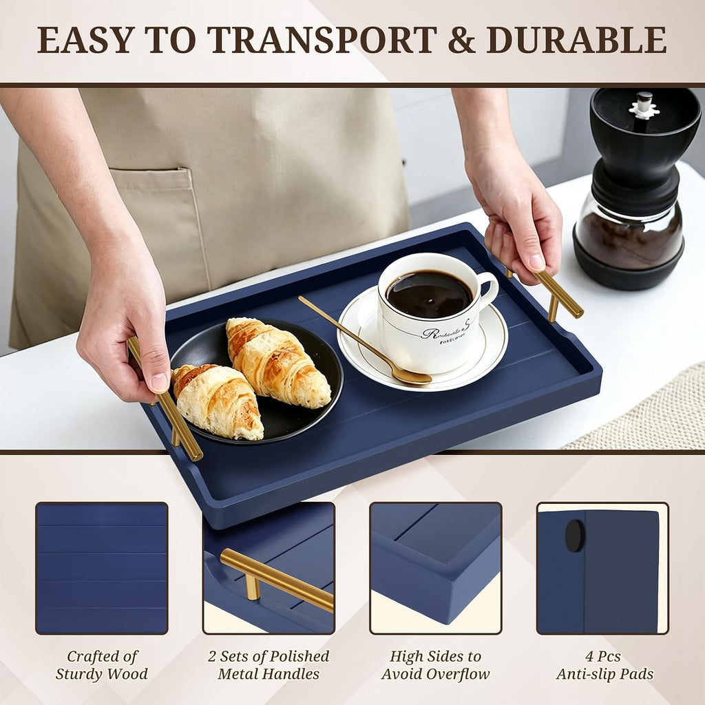 SXNOWS Set of 2 Wood Serving Trays with Gold and Silver Handles