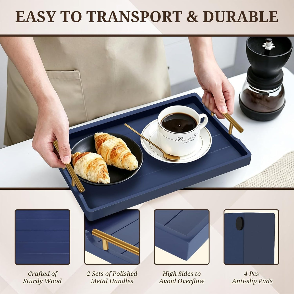 SXNOWS Set of 2 Wood Serving Trays with Gold and Silver Handles