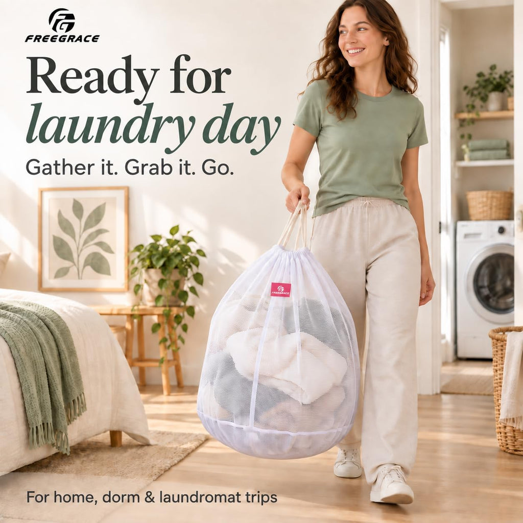Freegrace Extra Large Mesh Laundry Bag, Heavy Duty Drawstring Hamper Liner