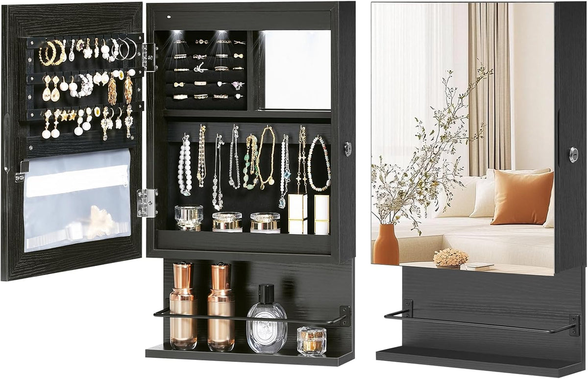 HOOBRO Wall Mounted Jewelry Cabinet, LED Jewelry Armoire with Interior Mirror, Hanging Jewelry Organizer for Wall, Lockable Jewelry Storage Cabinet, 3.9 x 11.8 x 20.9 Inches, Black