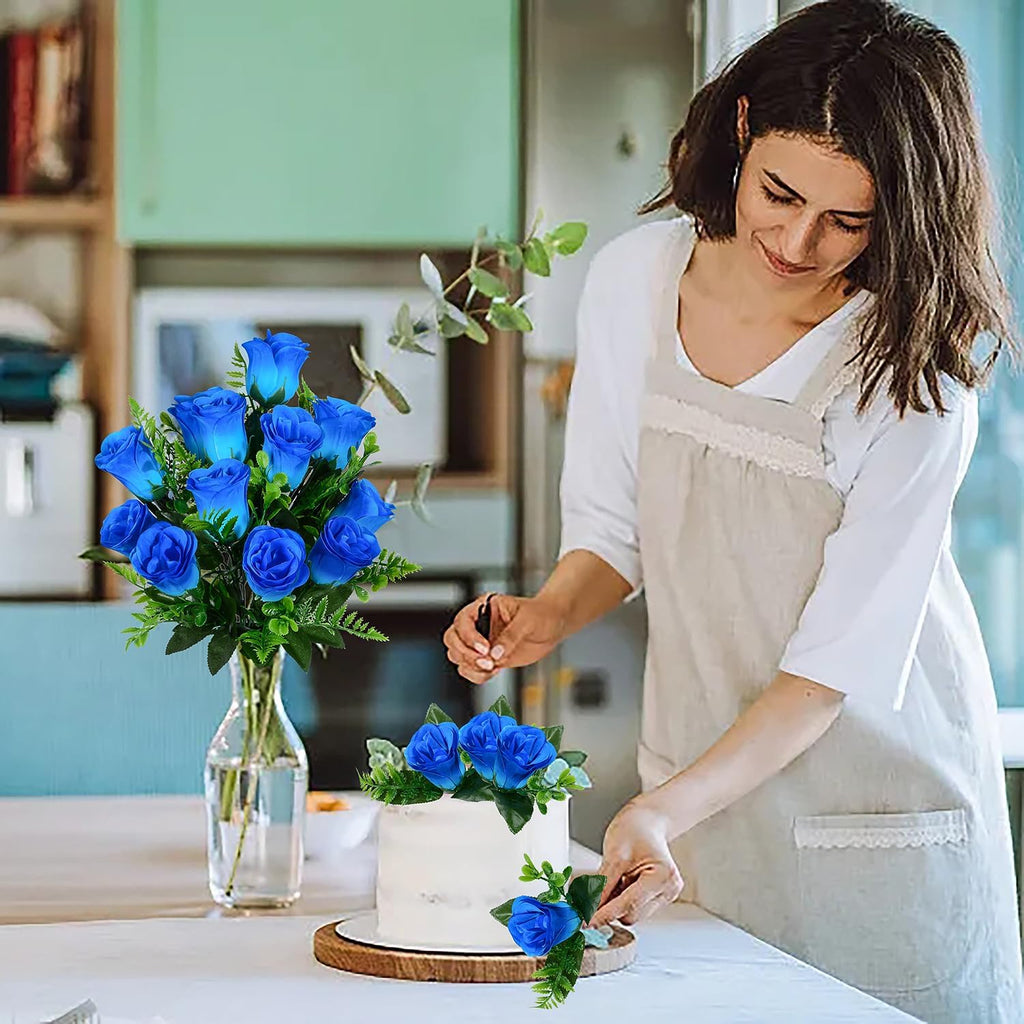 Artificial Rose Flowers Bouquet Realistic Silk Rose Fake Flowers for Wedding Home Centerpieces Party Cemetery Grave Decoration (4 Bouquets, Blue)