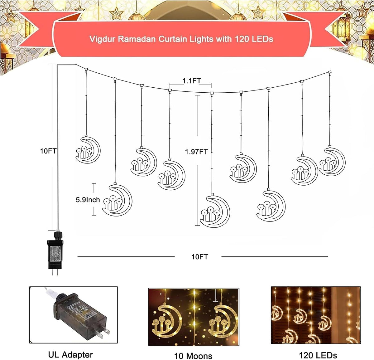 Vigdur Ramadan Curtain for Home, 10FT 120 LEDs Moon Lights with Remote