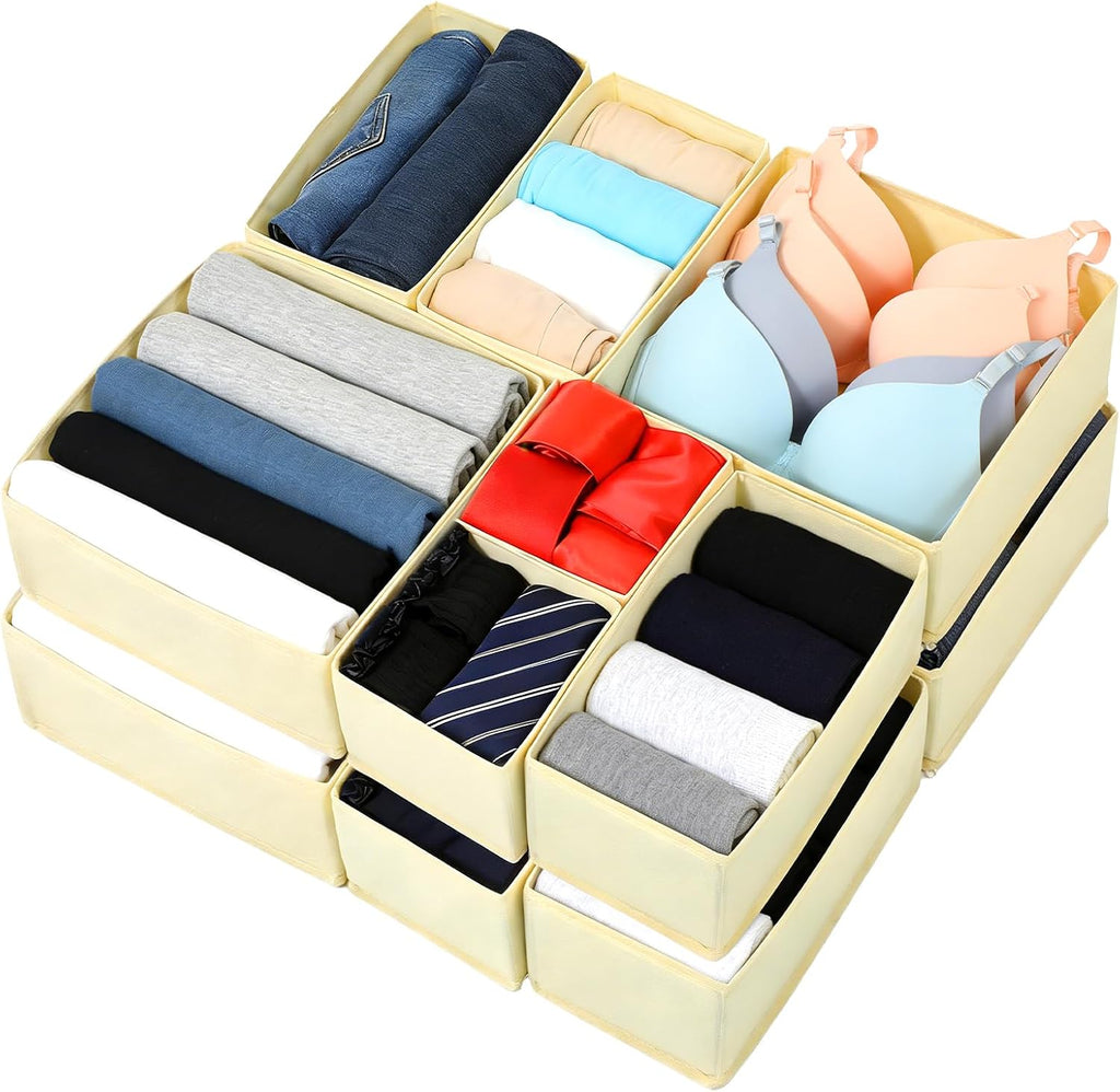 15 Pack Drawer Organizer for Clothes, Dresser Organizer for Baby Clothes, Foldable Closet Storage Dividers & Bins for Nursery, Bedroom, Underwear, Socks, Bras, and Ties (Beige)