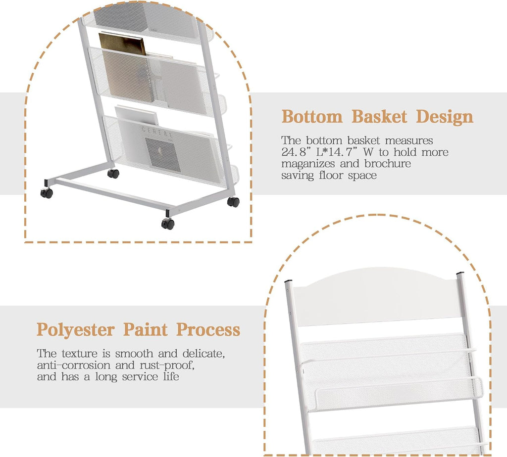 lesolar Floor-Standing Magazine Rack, 4-tier Newspaper Holder with Wheels