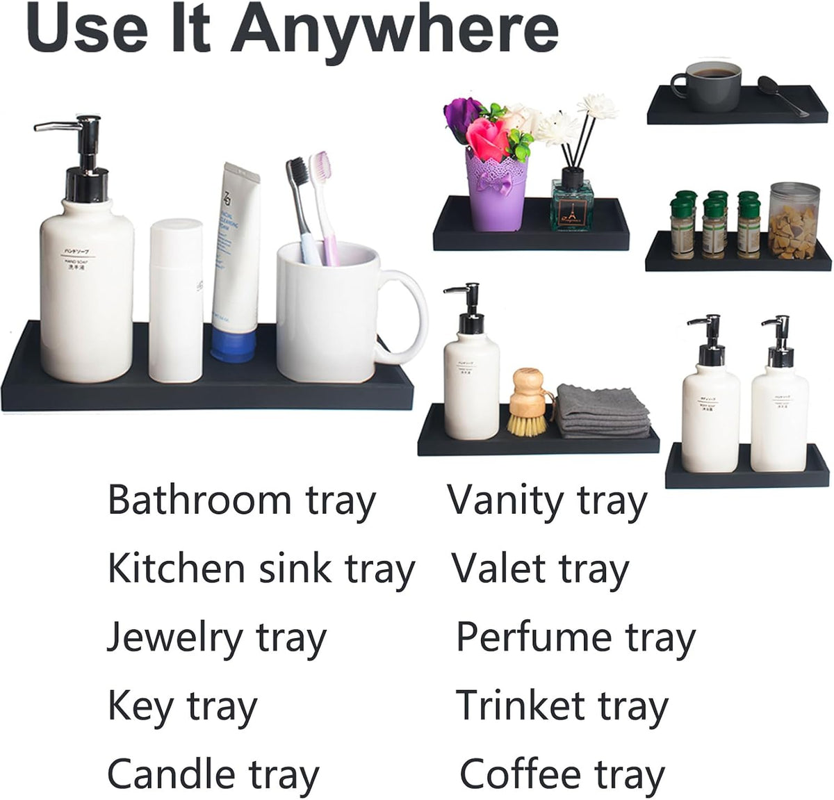 DNC 7.9" Small Silicone Bathroom Counter Tray, Vanity Tray, Kitchen Sink Soap Tray for Dish Holder Dispenser Countertop Toilet Tank Desk Organizer Black
