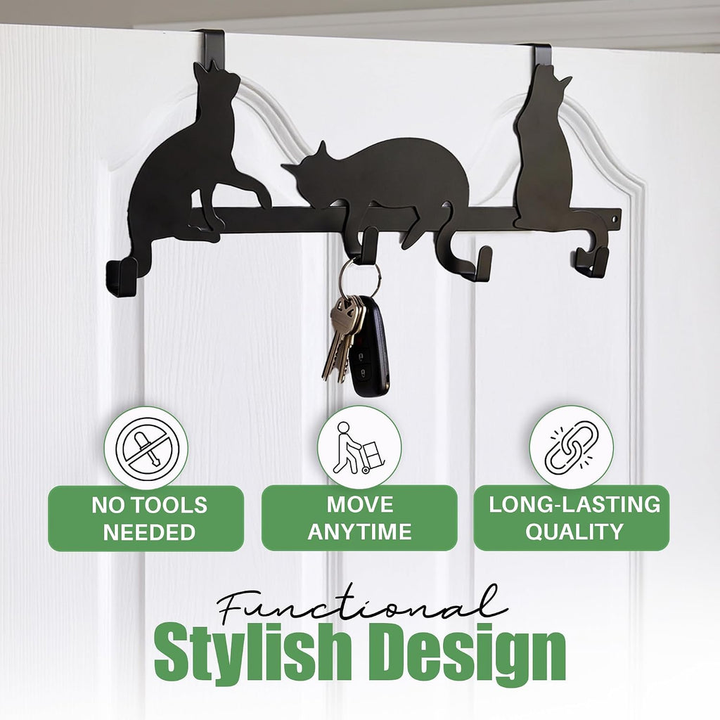 Evelots Cat Over the Door Hook Rack, 4 Hooks for Coats, Towels & Bags