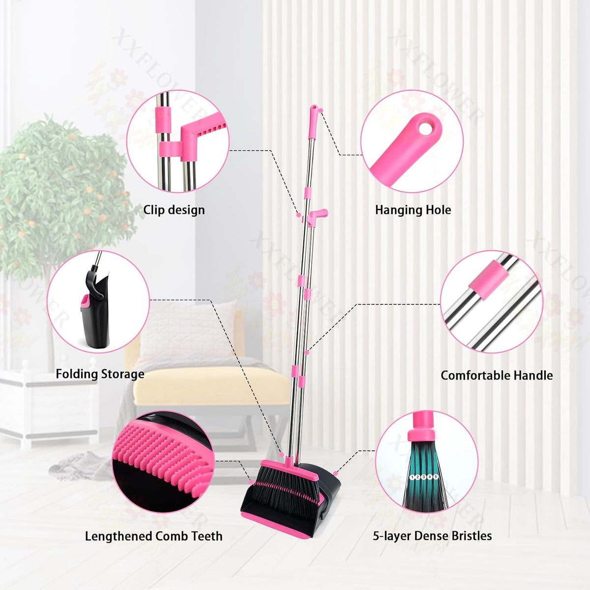 Broom and Dustpan Set,Long Handle Lightweight Dustpans with Broom Combo for Home,Indoor&Outdoor Sweeping for Home Room Kitchen Office Lobby (Black Pink)
