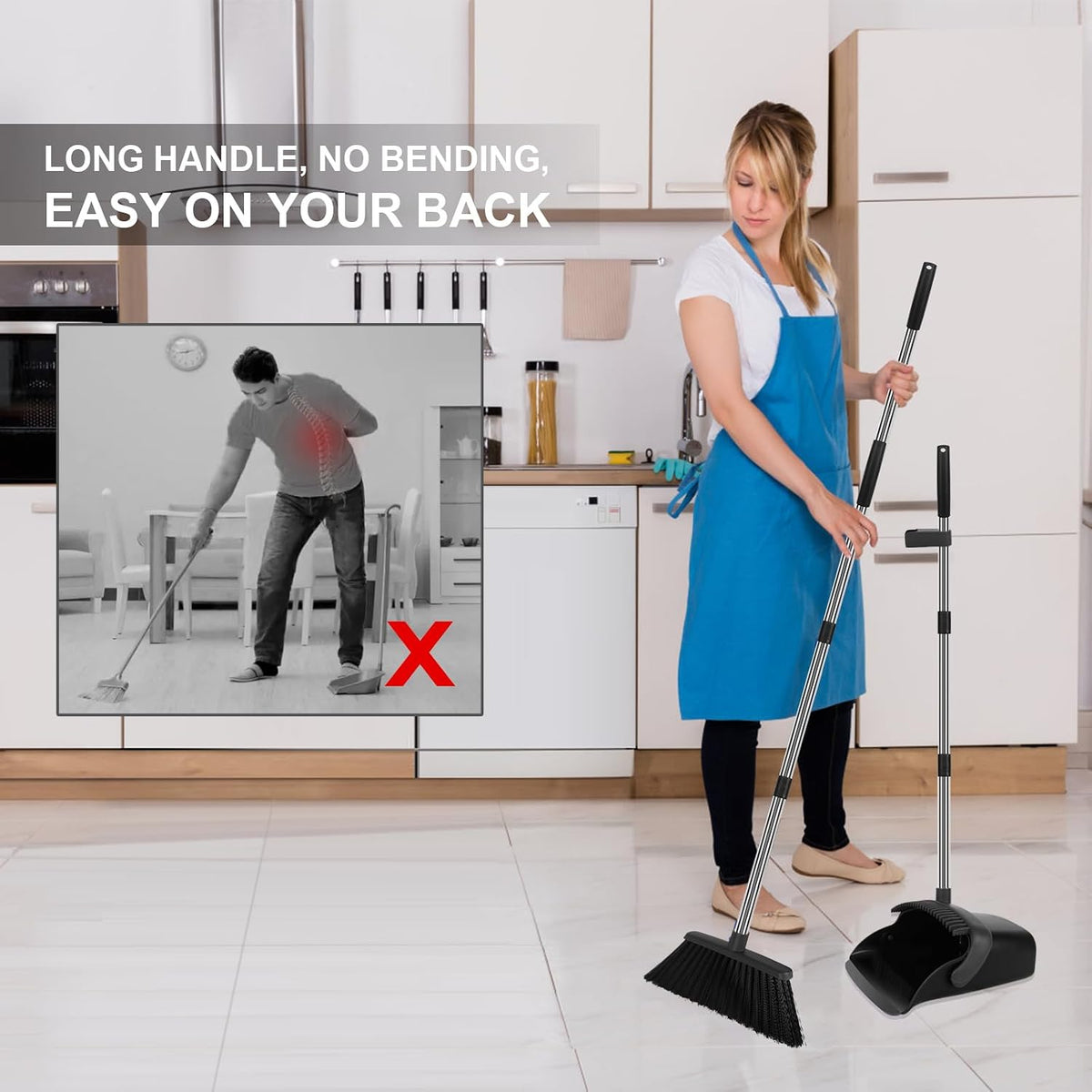 Black Broom and Dustpan Combo Set, 55" Long Handle Broom