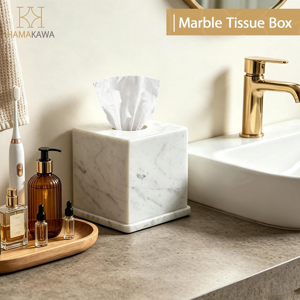 Natural Marble Tissue Box Cover, Volakas White Tissue Box Holder