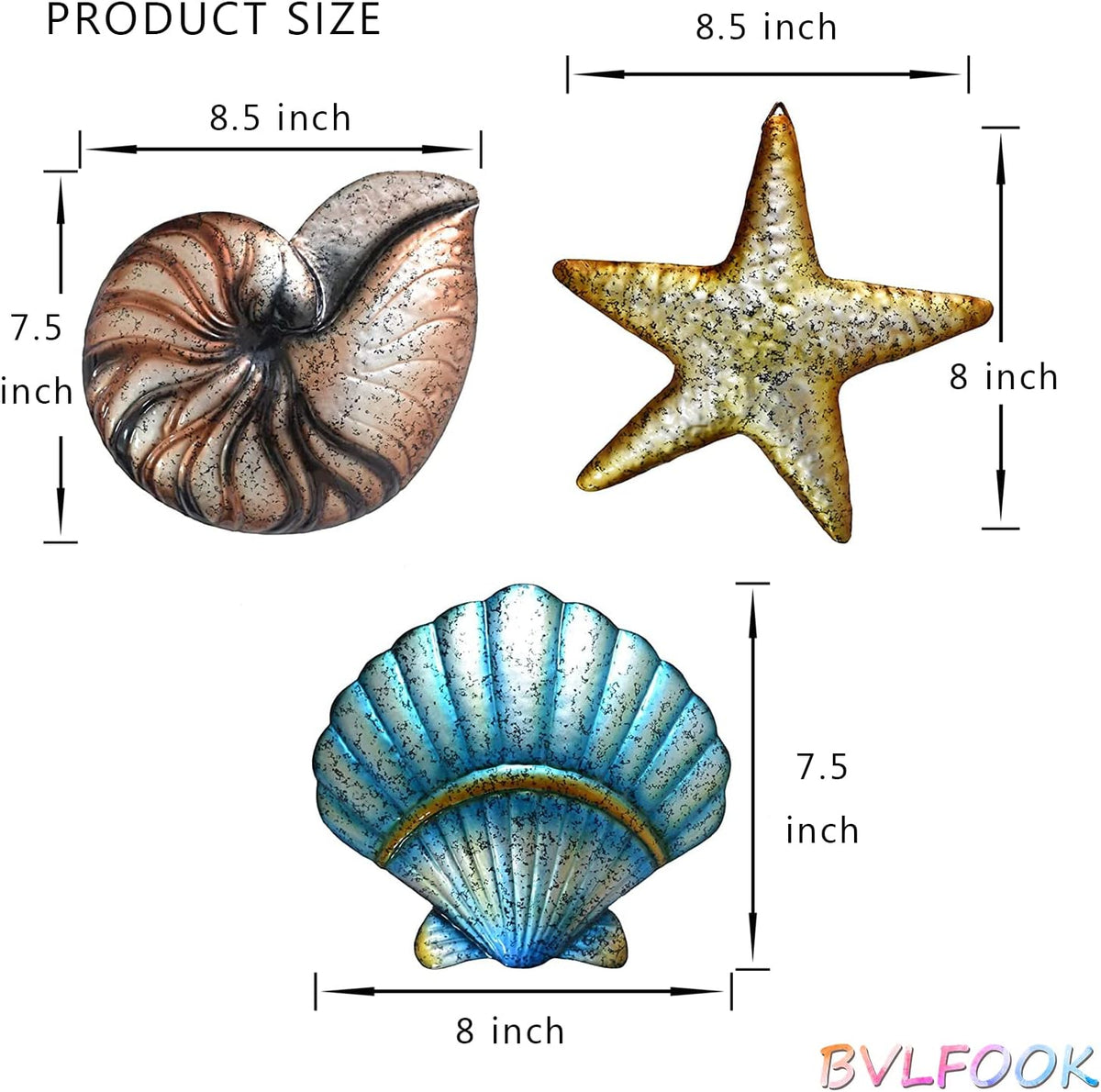 3 Pcs Metal Beach Wall Decor Sea Star Shell Conch Metal Decor Wall Hanging