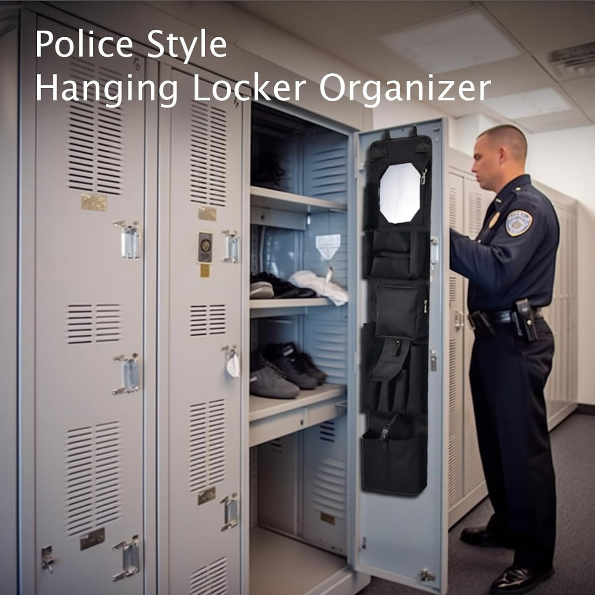 Police Style Magnetic Hanging Locker & Closet Door Organizer, Multiple Size Pockets - 51.2 x 11 Inches, with 4 Corner Magnets for Police, Security, Law Enforcement Lockers (Black)