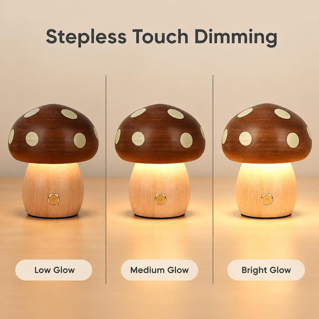 LONRISWAY 2Pack Wood Small Mushroom Table Lamp, LED Rechargeable Cordless Touch Bedside Lamps, Wireless Stepless Dimming Night Light, Portable Battery Lamp for Bedroom Nightstand for Birthday Gifts