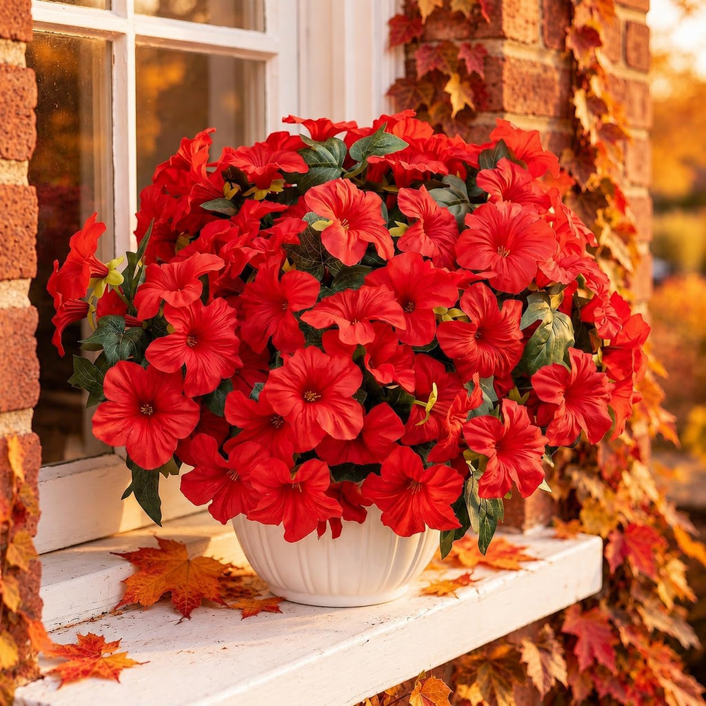 Artificial Fake Flowers Plants for Outdoor Decoration, 4PCS Faux Petunias Silk Flower UV Resistant No Fade for Home Outside Garden Balcony Yard Porch Realistic Indoor Decor (Red)